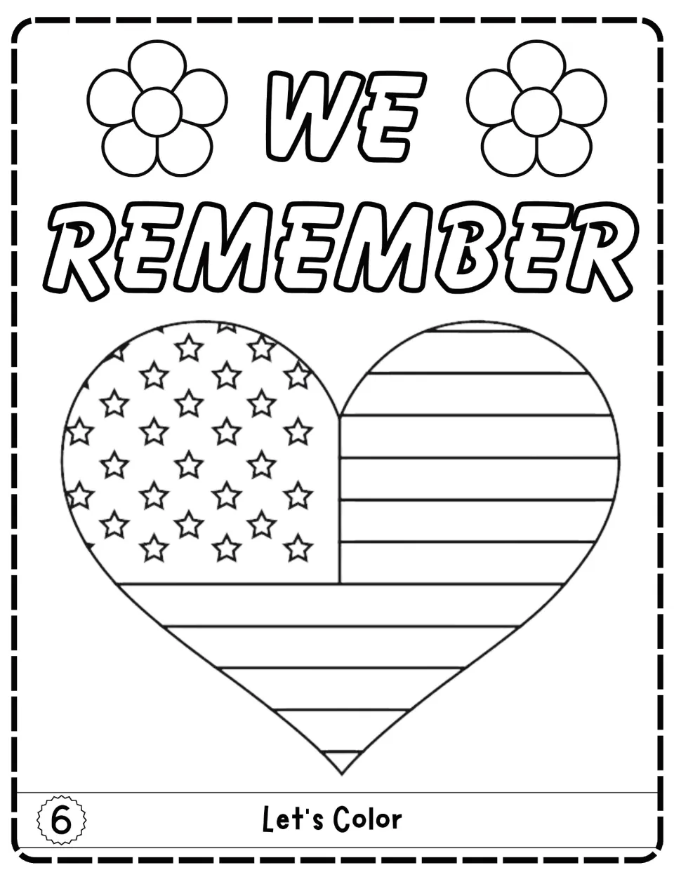 Patriot Day flipbook activity 6 is a 'We Remember' coloring page featuring a heart with an American flag design.