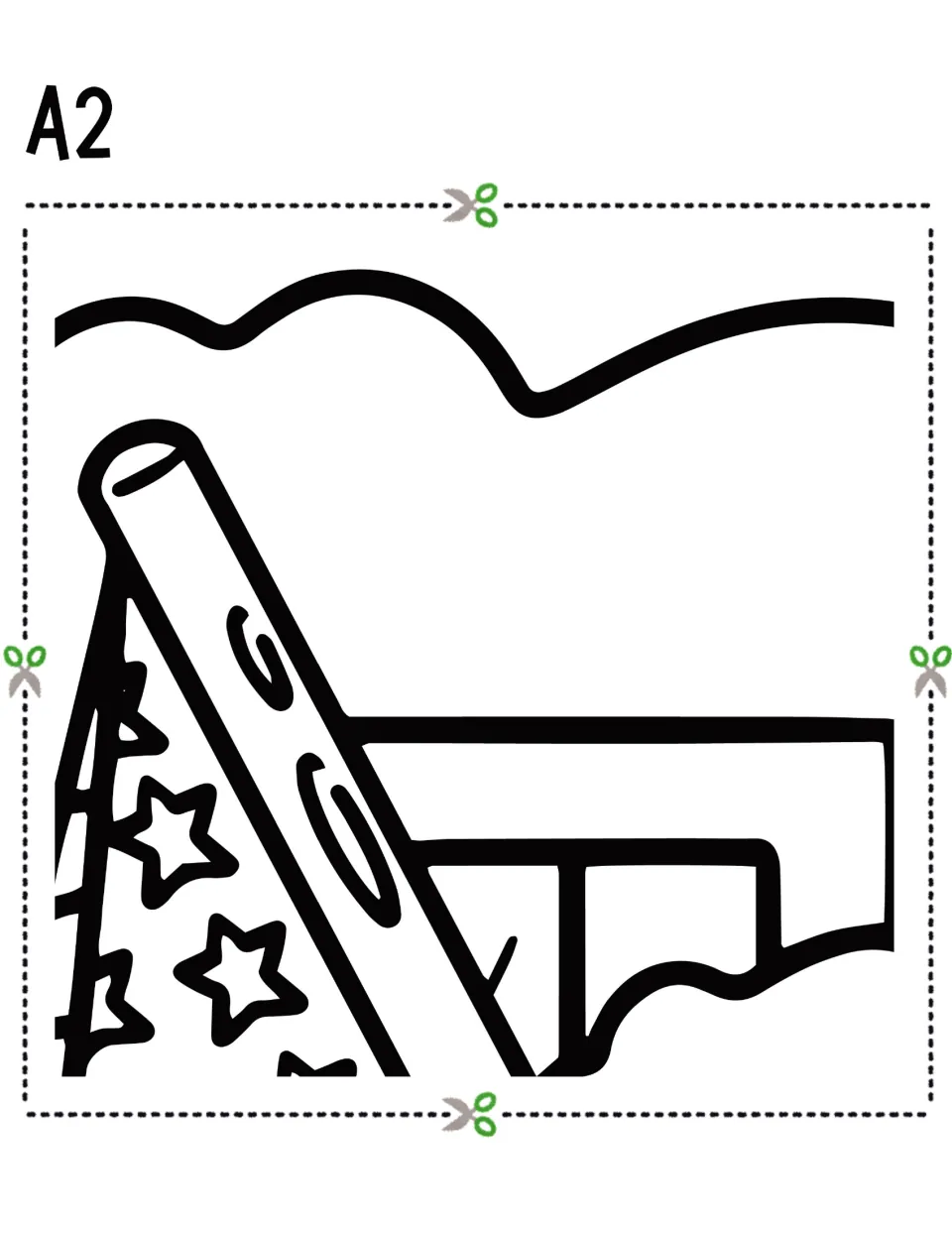 Cut-out piece A2: a starred flag on a pole beside a building roofline and hills, ready for students to color