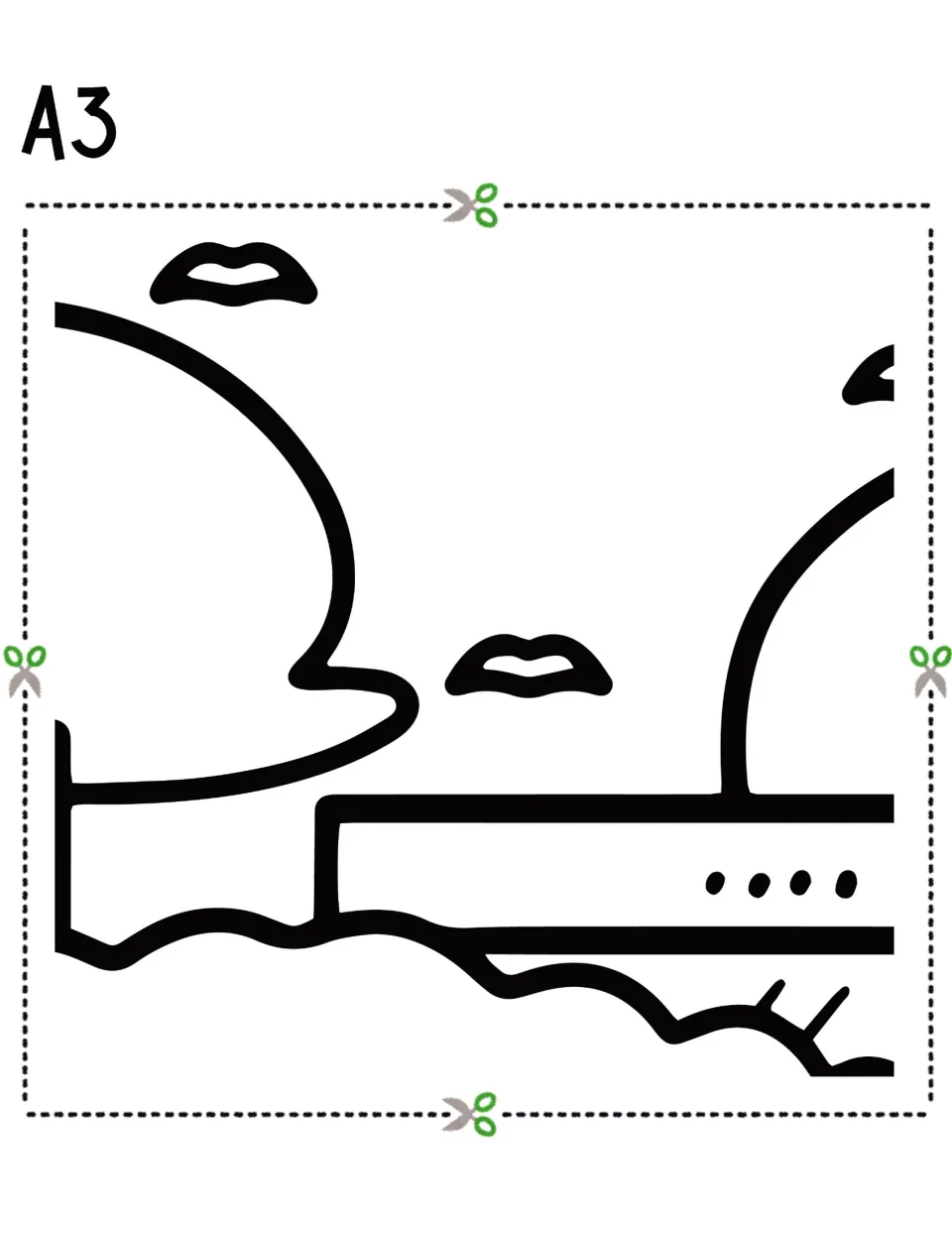 Cut-out piece A3: rounded tree shapes, two birds and a building with a row of dots over clouds to color in