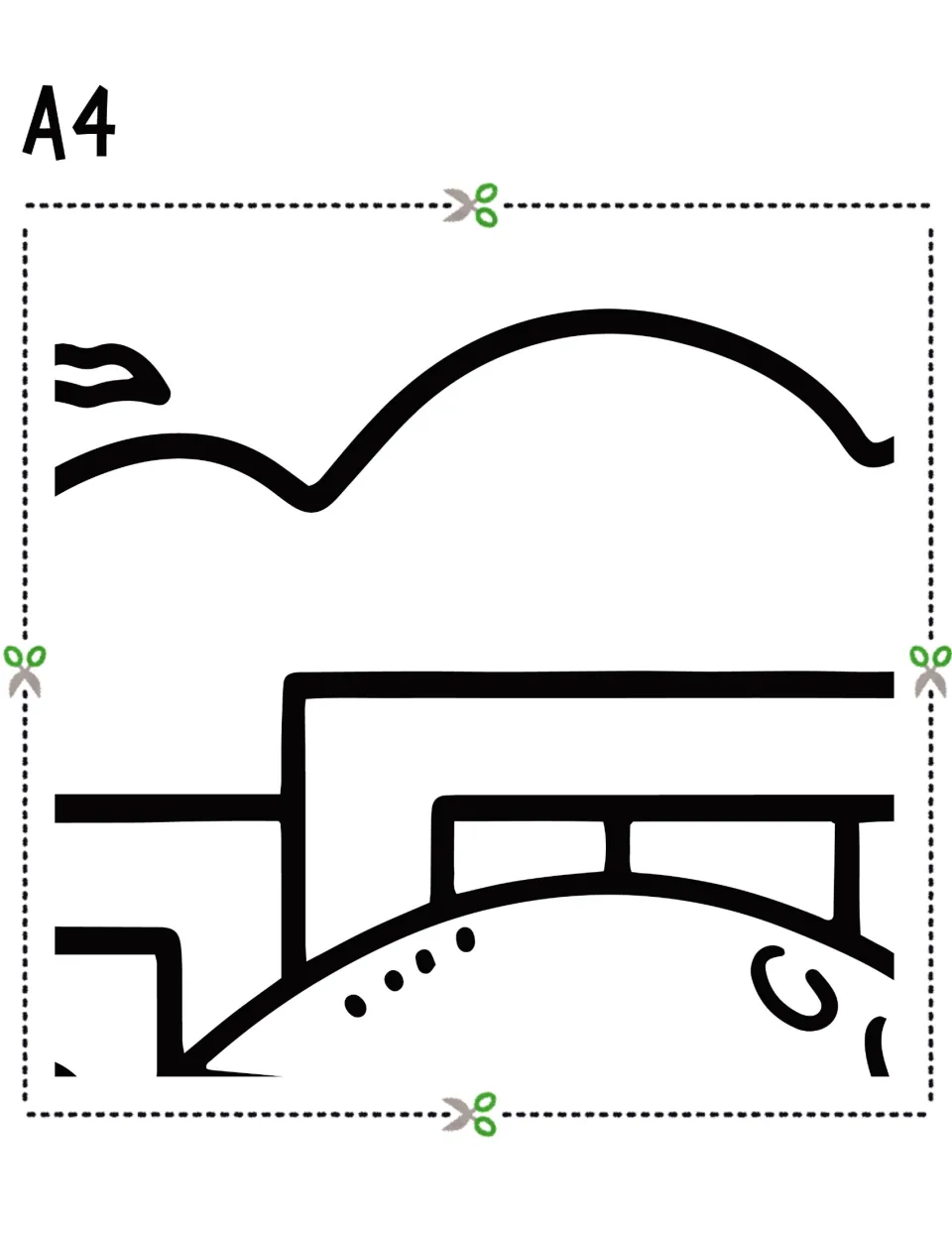 Cut-out piece A4: rolling hill outline above building rooflines and a curved shape with dots, for coloring