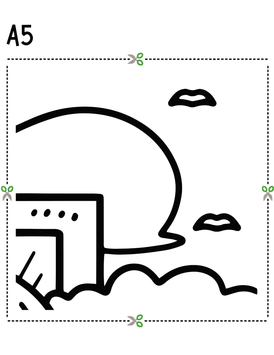 Cut-out piece A5: large rounded tree outline, two birds, clouds and a building corner for students to color