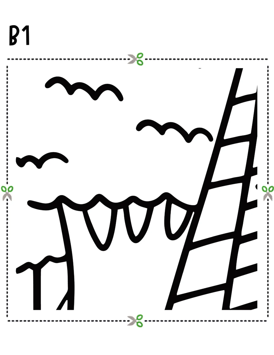 Cut-out piece B1: flying birds, a treetop outline and a tall striped pole edge for students to color and tile