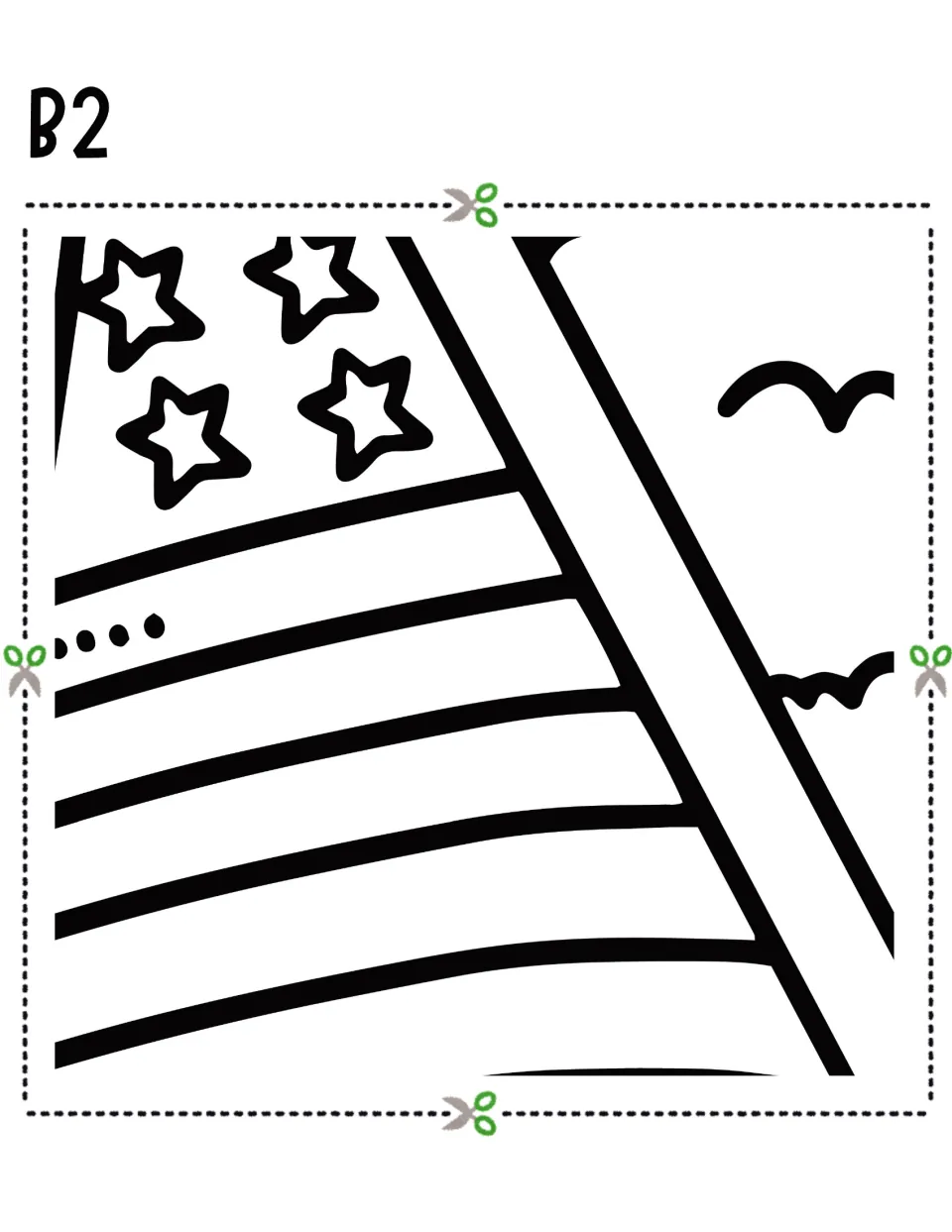 Cut-out piece B2: American flag stripes and five stars on a pole, with birds in the sky, for students to color