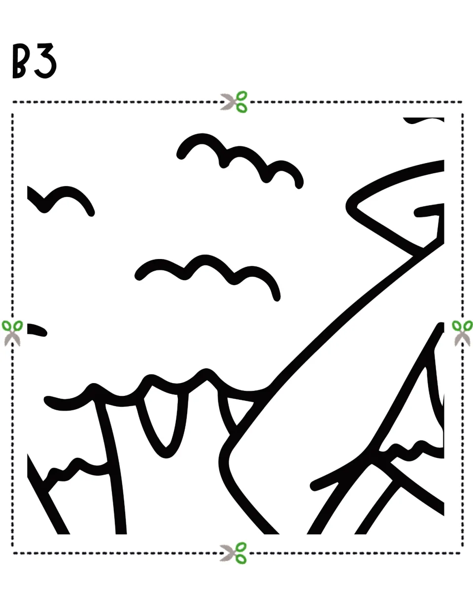 Cut-out piece B3: flocks of birds over treetops and diagonal hill outlines, one section of the group poster