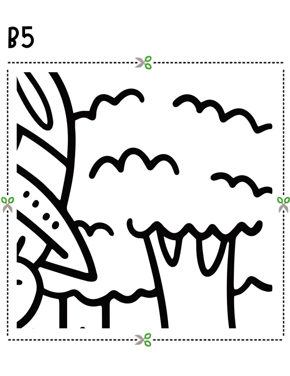 Cut-out piece B5: leafy treetop outlines, birds and part of a curved dotted shape for students to color