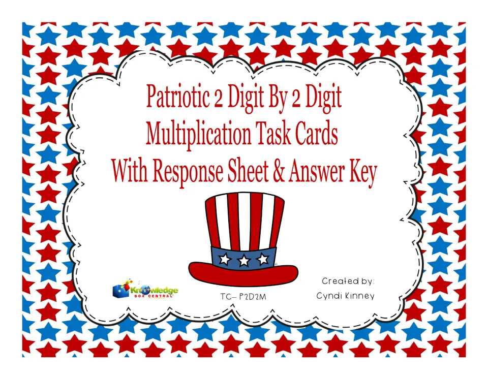 Cover: Patriotic 2 digit by 2 digit multiplication task cards with response sheet and answer key, Uncle Sam hat on stars