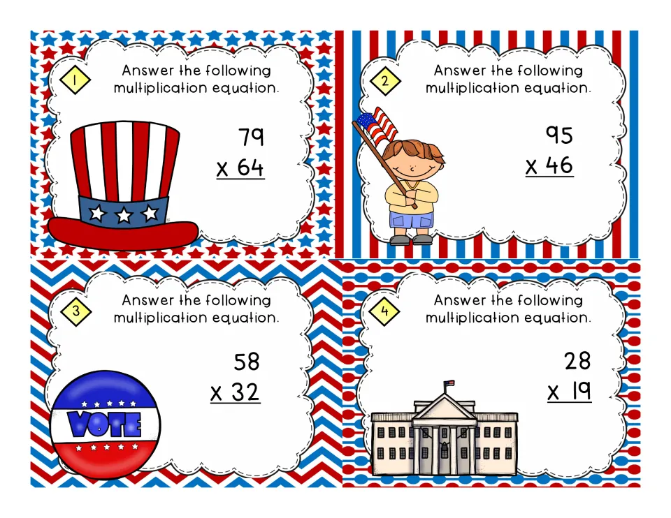 Task cards 1 to 4: students multiply 2-digit numbers, 79 x 64, 95 x 46, 58 x 32 and 28 x 19, with flag and White House art