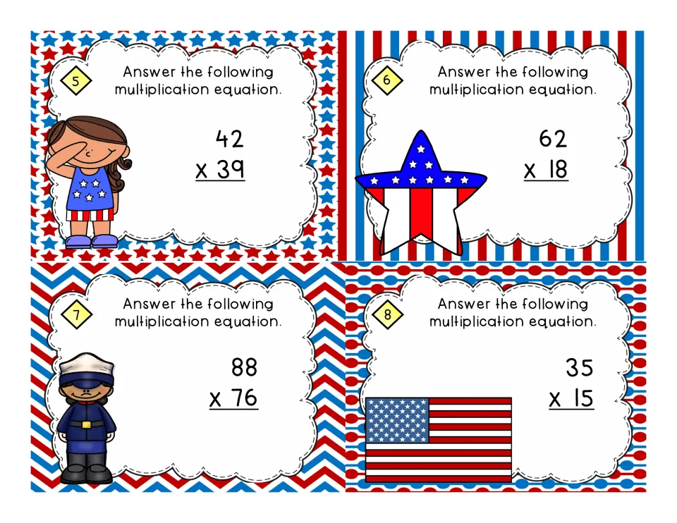 Task cards 5 to 8: two-digit multiplication problems 42 x 39, 62 x 18, 88 x 76 and 35 x 15 beside patriotic clip art