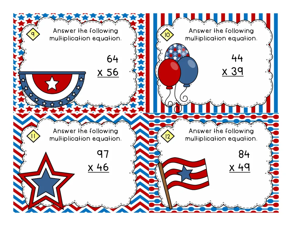 Task cards 9 to 12: students solve 64 x 56, 44 x 39, 97 x 46 and 84 x 49 using multi-digit multiplication