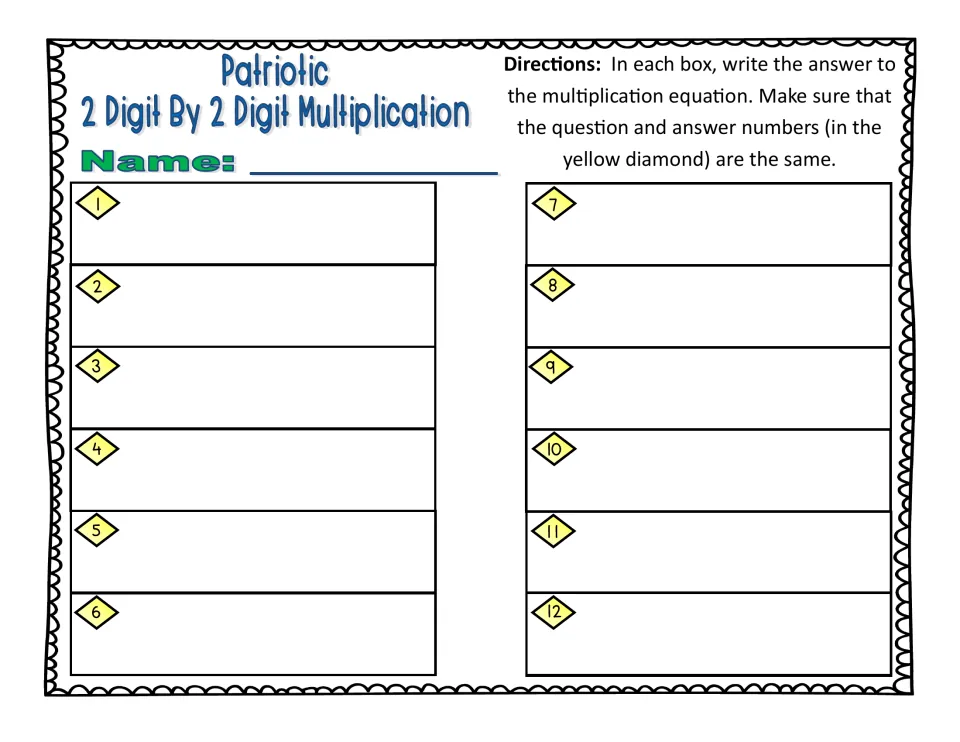 Patriotic multiplication response sheet: students record each task card's product by number, 1 to 12, plus a name line