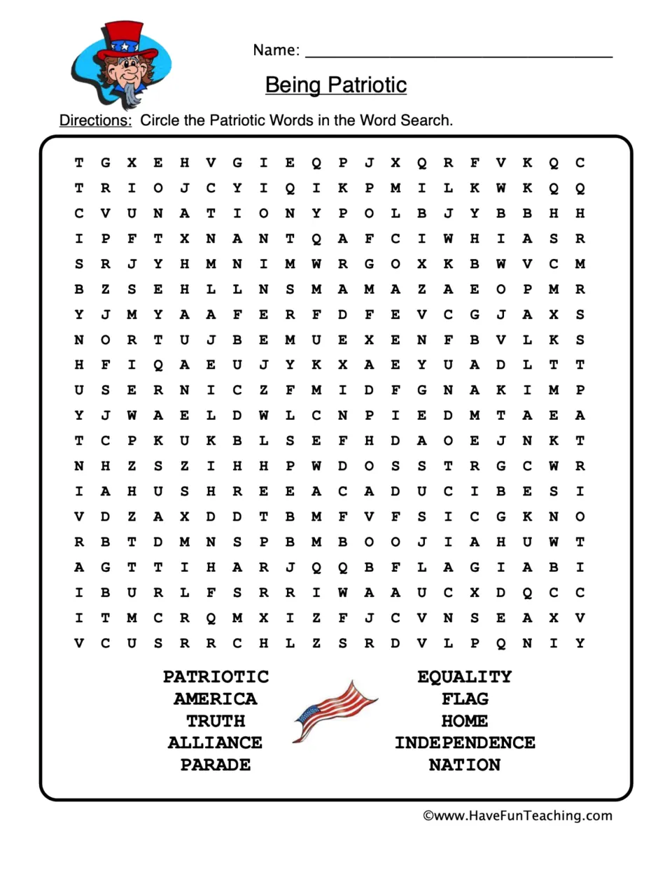 Being Patriotic word search: students circle 10 words such as America, truth, equality, flag, independence and nation