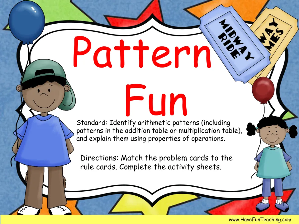 Pattern Fun cover: arithmetic patterns standard and directions to match problem cards to rule cards and do activity sheets