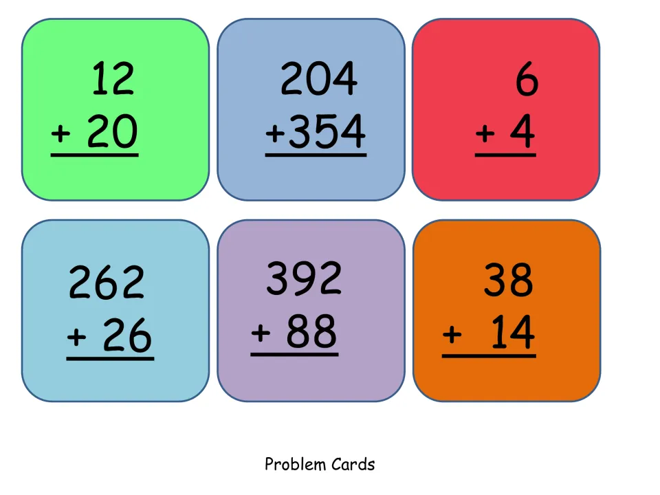 Addition problem cards with two even addends: 12+20, 204+354, 6+4, 262+26, 392+88 and 38+14 for matching to rule cards