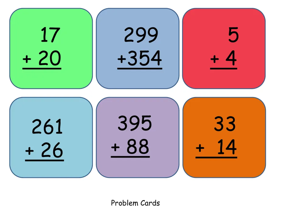 Addition problem cards pairing an odd and an even number: 17+20, 299+354, 5+4, 261+26, 395+88 and 33+14