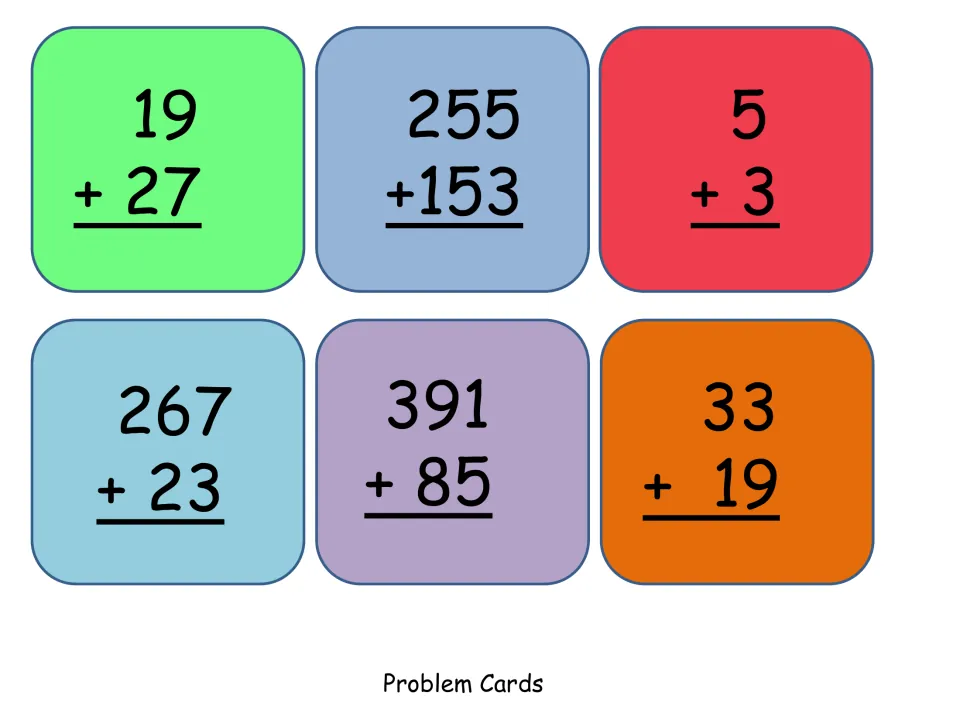 Addition problem cards adding two odd numbers: 19+27, 255+153, 5+3, 267+23, 391+85 and 33+19 to solve and sort