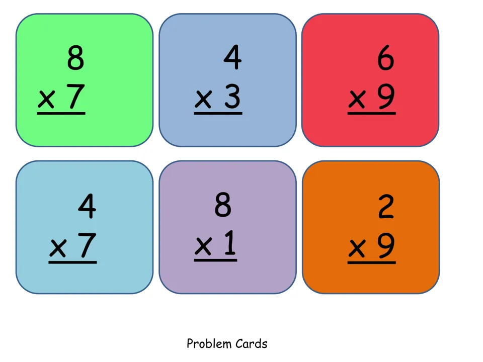 Multiplication problem cards with an even factor: 8x7, 4x3, 6x9, 4x7, 8x1 and 2x9 to solve and match to rule cards
