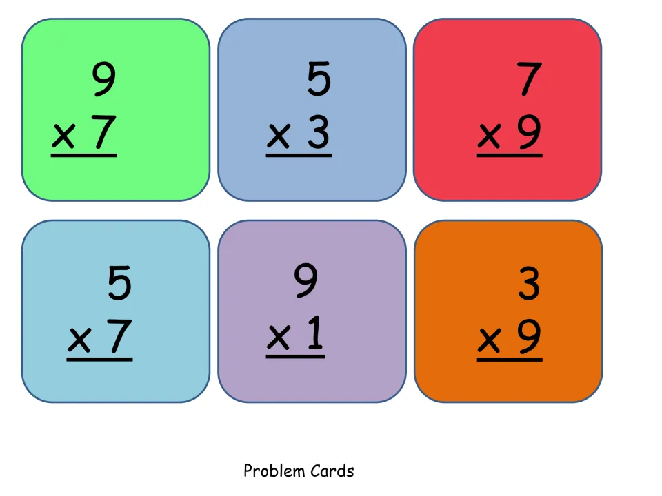 Multiplication problem cards with two odd factors: 9x7, 5x3, 7x9, 5x7, 9x1 and 3x9 to solve and sort by rule