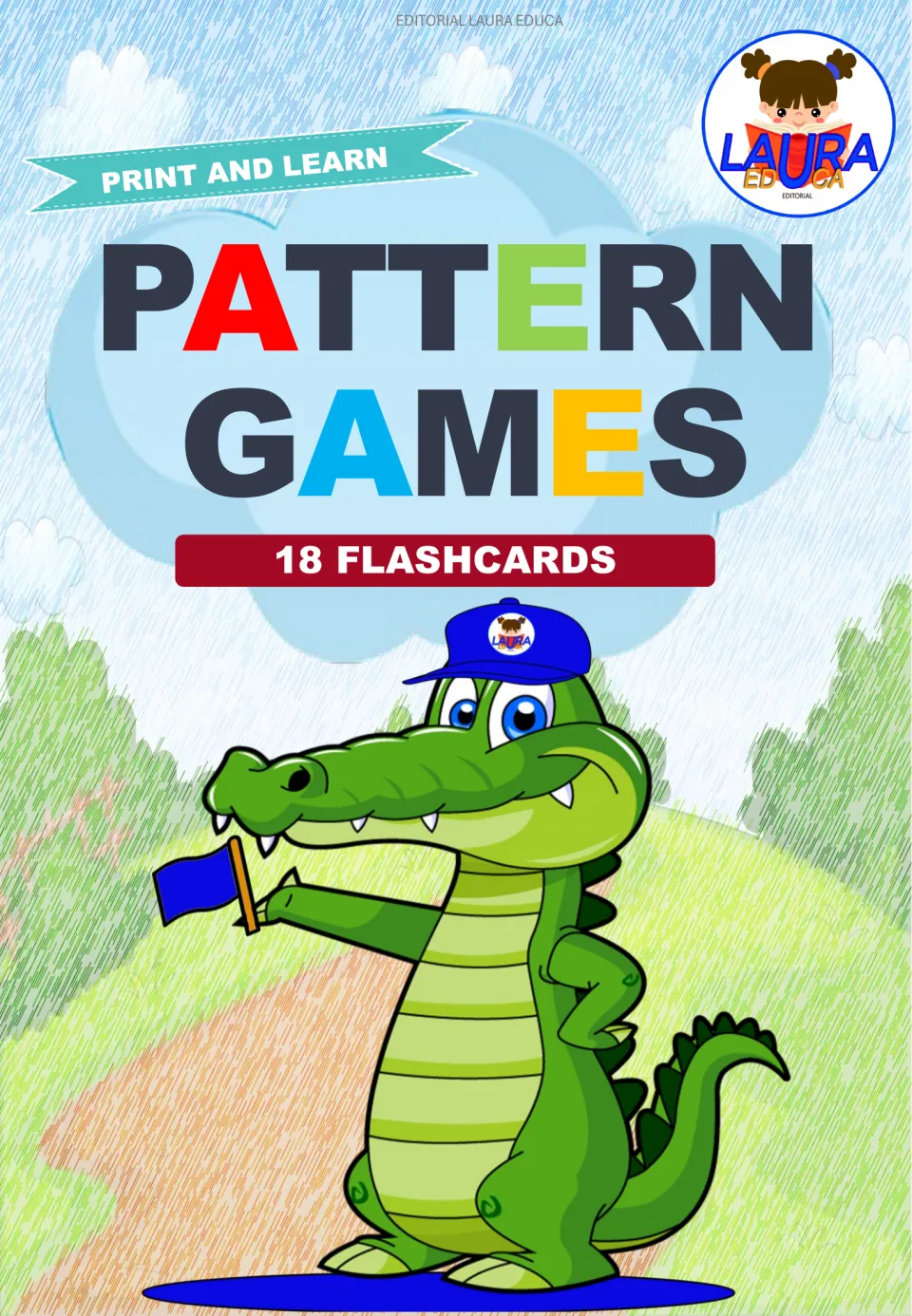 Cover of Pattern Games, a printable set labeled '18 Flashcards' with the instruction 'Print and Learn'.