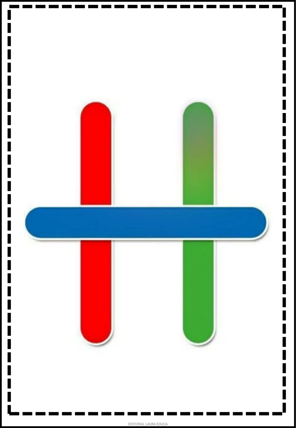 Pattern game flashcard showing a horizontal blue craft stick crossing vertical red and green sticks.