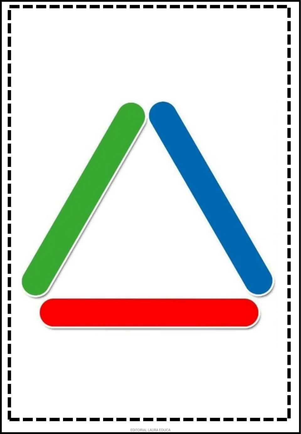 Pattern game flashcard showing a triangle made from a green left stick, blue right stick, and red base.