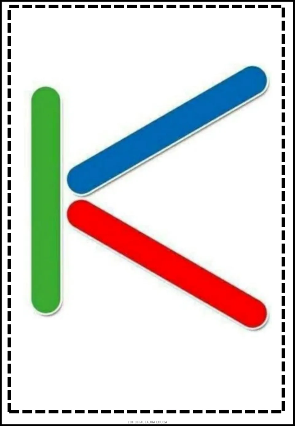 Pattern game flashcard showing a K-shaped arrangement with a green upright and blue and red diagonal sticks.