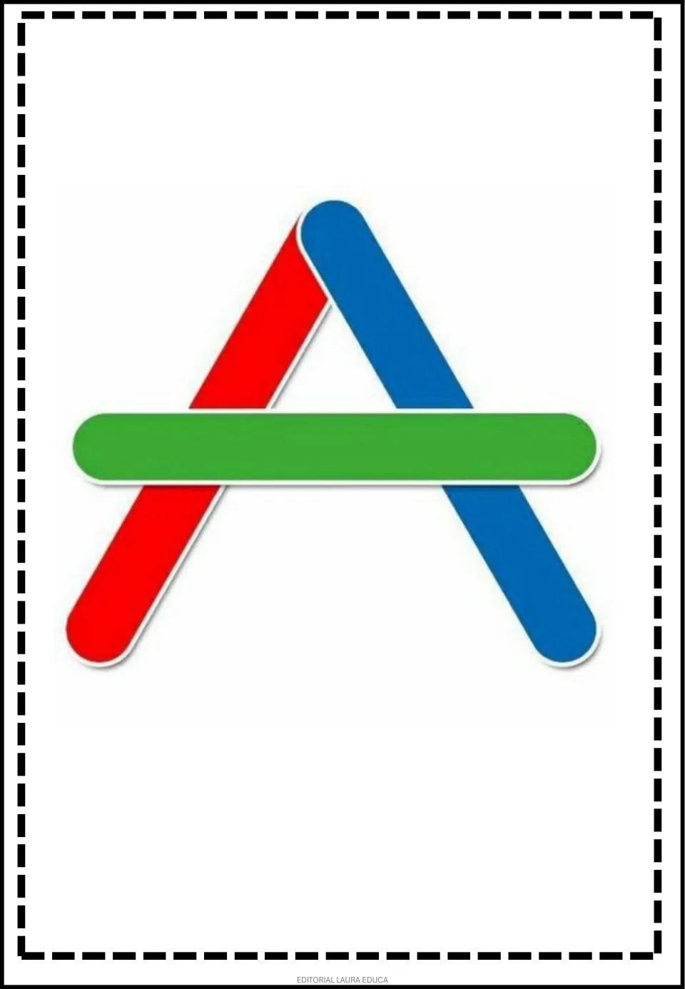 Pattern game flashcard showing an A-shaped arrangement of red and blue diagonal sticks with a green crossbar.