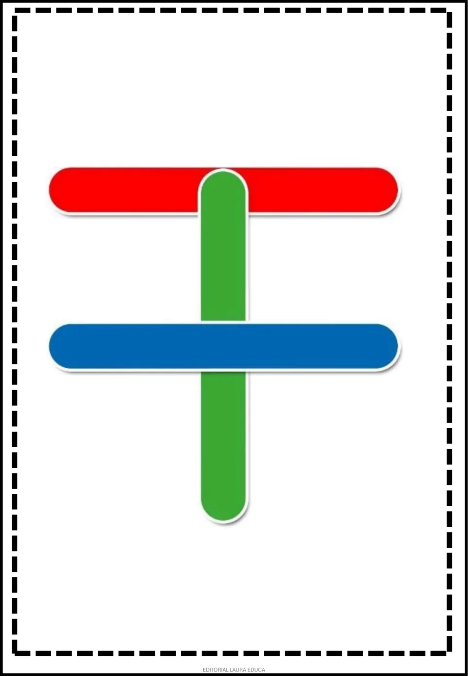 Pattern game flashcard showing a vertical green craft stick crossed by red at the top and blue in the middle.