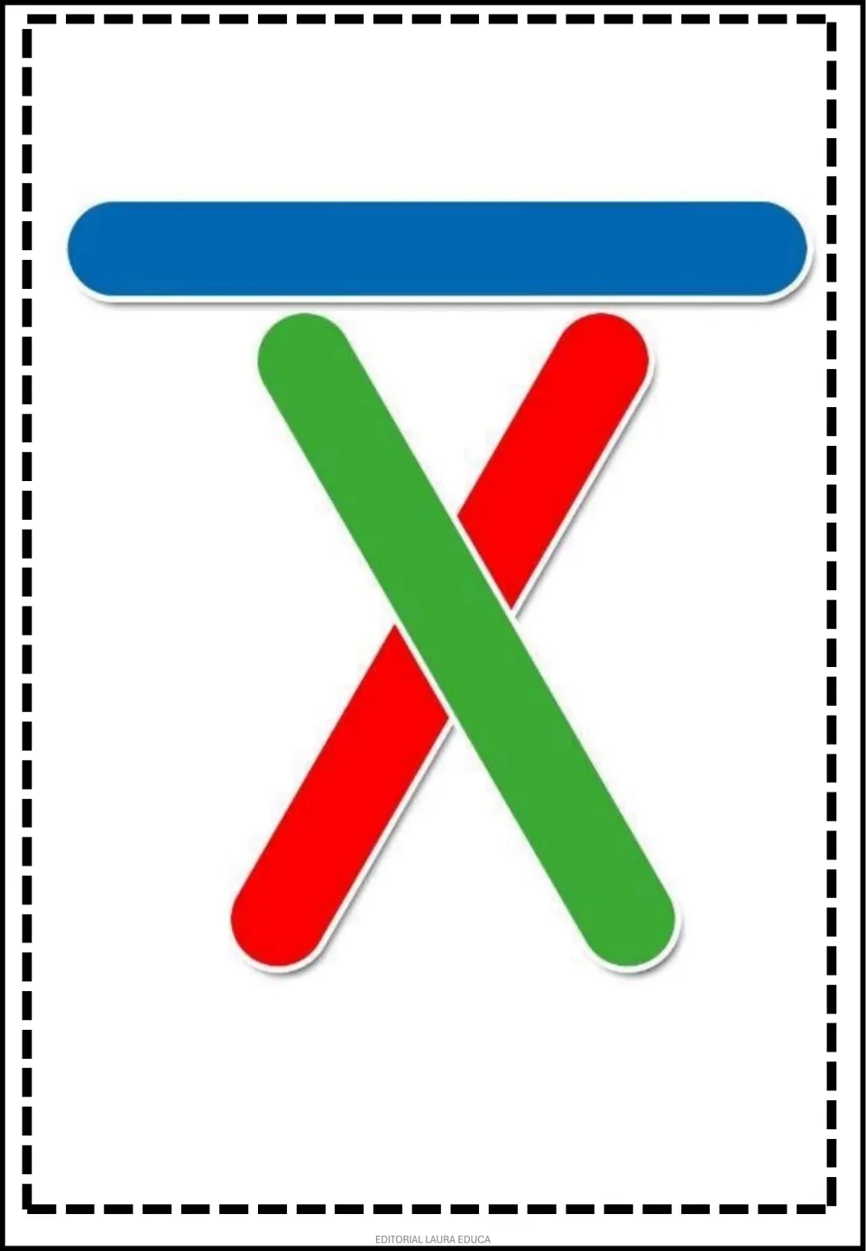 Pattern game flashcard showing red and green craft sticks crossed into an X beneath a horizontal blue stick.