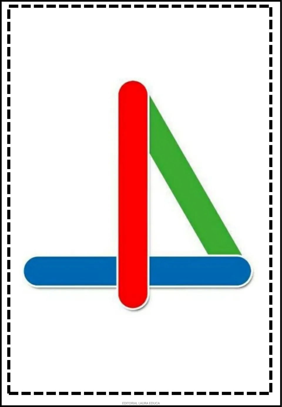 Pattern game flashcard showing a red upright crossing a blue base, with a green diagonal sloping down right.