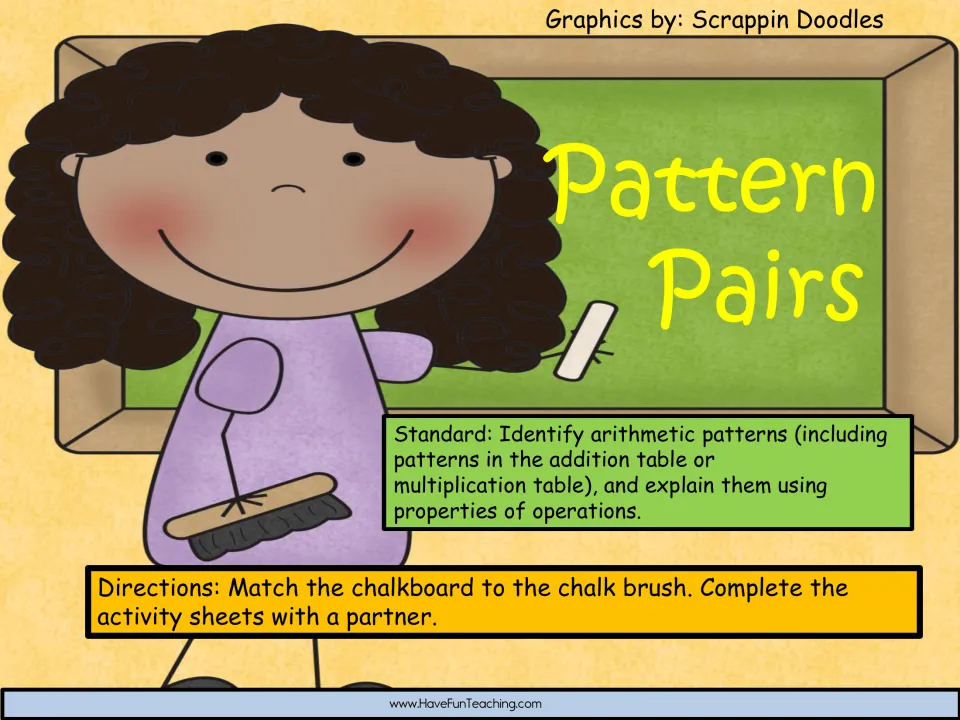 Pattern Pairs cover: partners match chalkboard sequences to chalk brush rules, with the arithmetic patterns standard