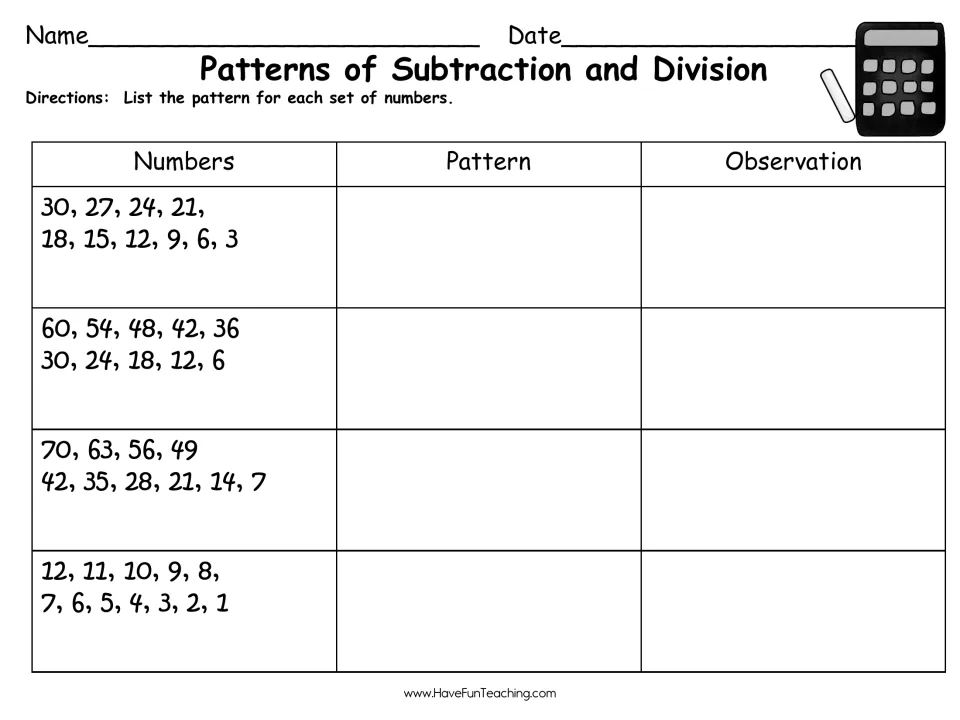 Patterns of Subtraction and Division: students list the rule and an observation for counting back by 3, 6, 7 and 1