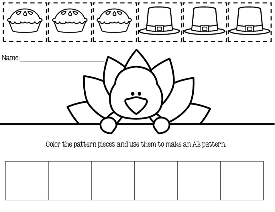 Thanksgiving AB pattern activity: color and arrange three pie pieces and three Pilgrim hat pieces.