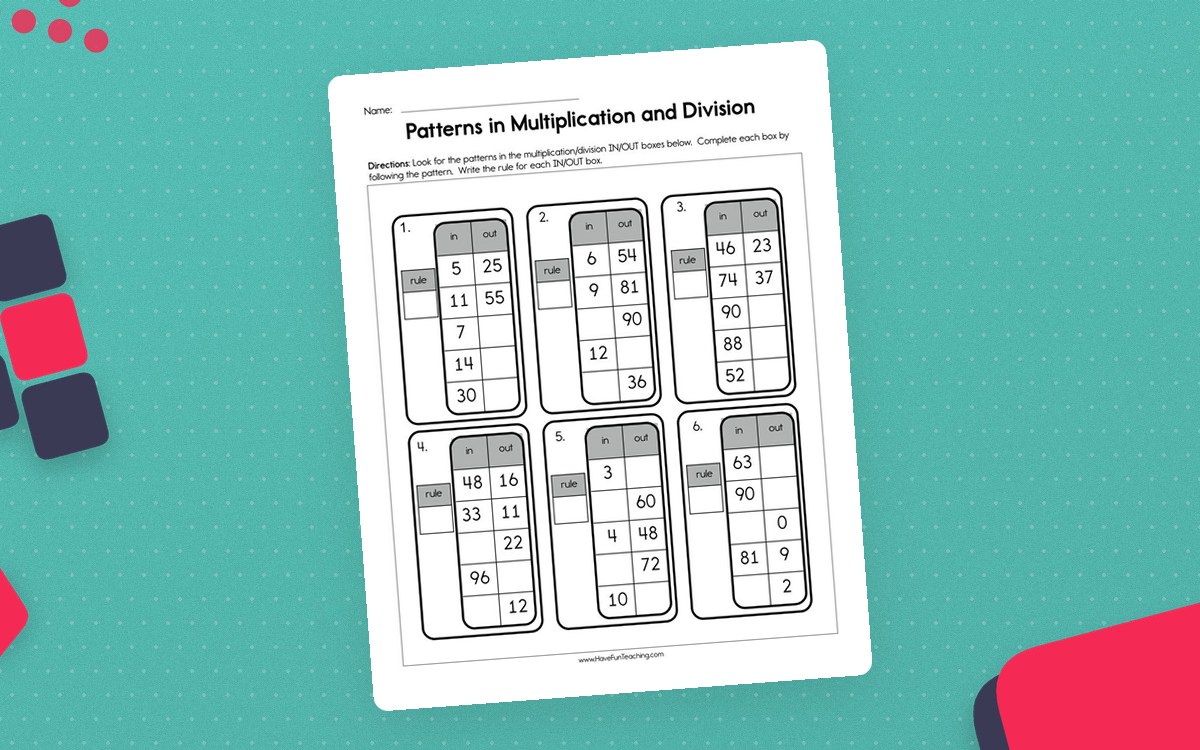 Patterns in Multiplication and Division worksheet with six input-output boxes and spaces to write each rule