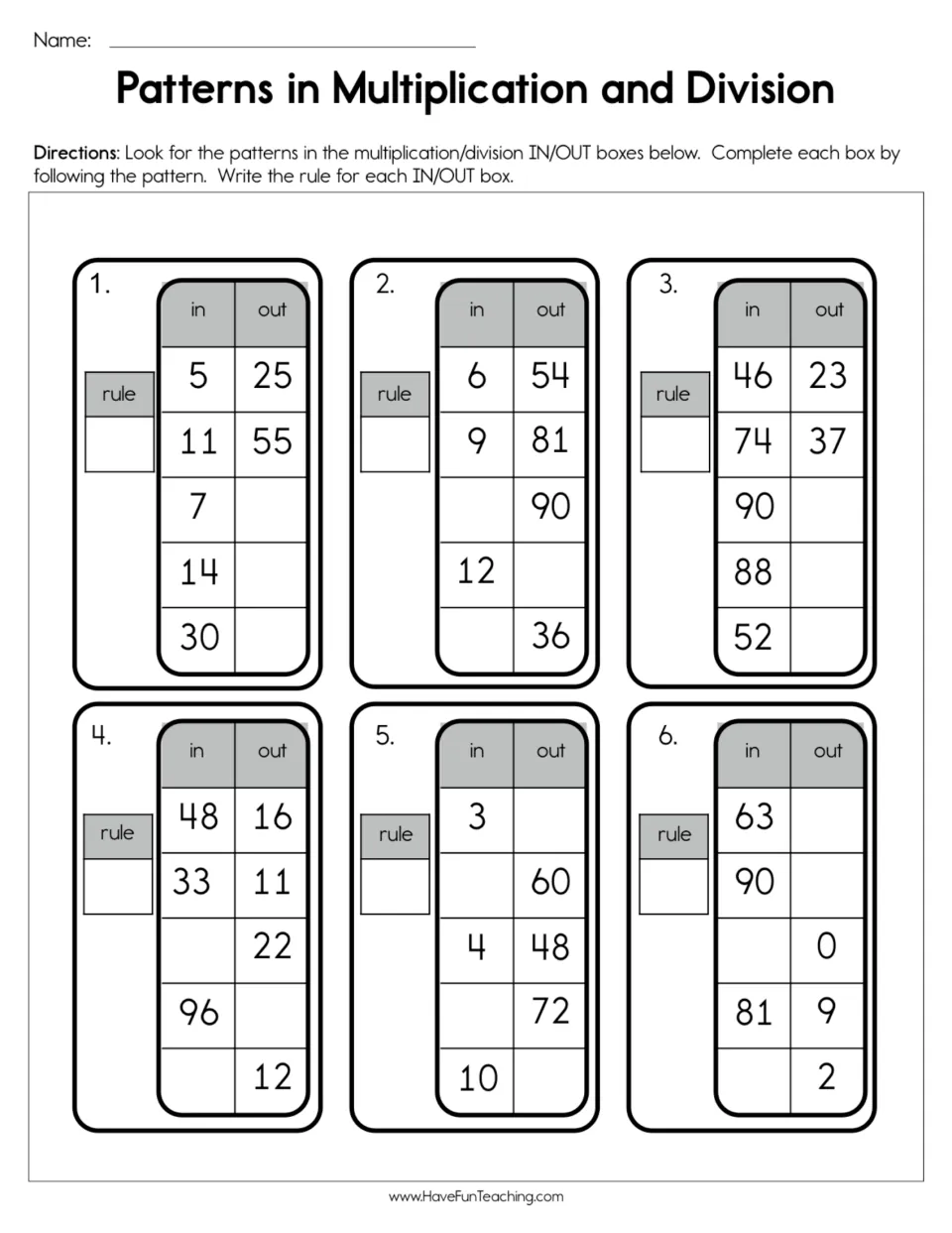 Multiplication and division in/out tables: students complete six tables by following the pattern, then write each rule