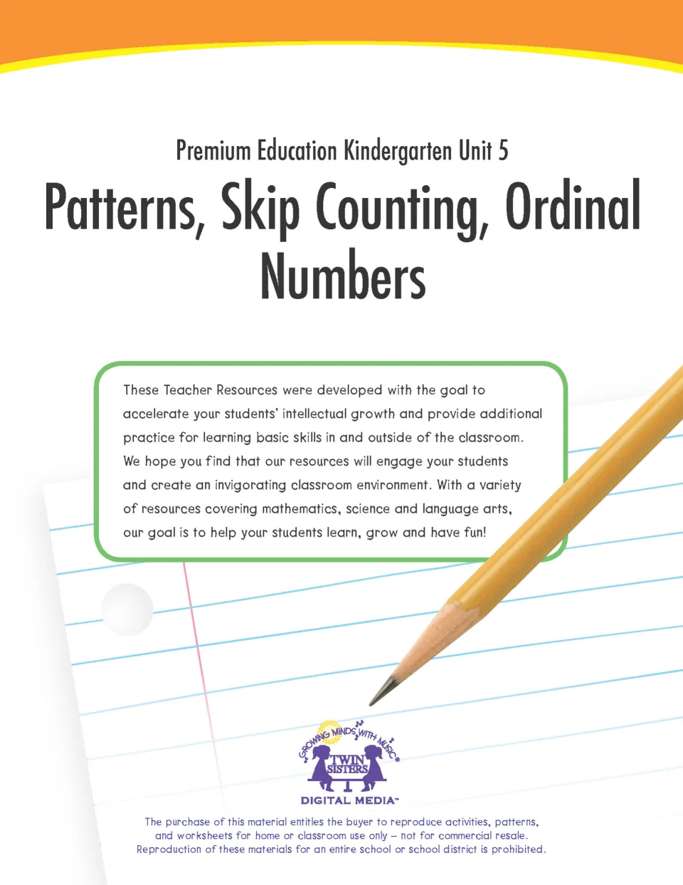 Cover of Premium Education Kindergarten Unit 5: Patterns, Skip Counting, Ordinal Numbers, from Twin Sisters Digital Media