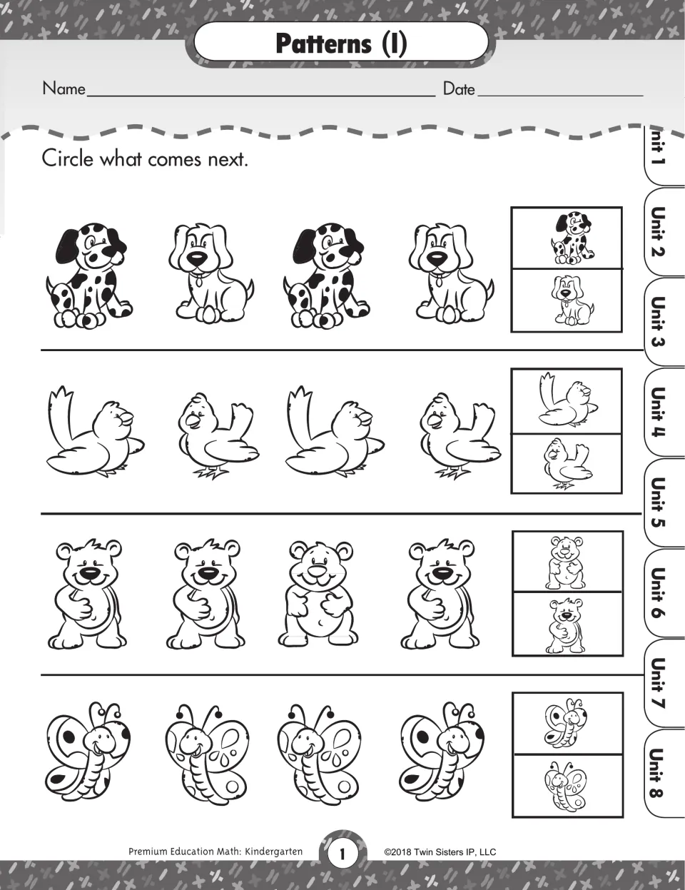 Patterns (I): students circle what comes next in picture patterns of puppies, birds, bears and butterflies