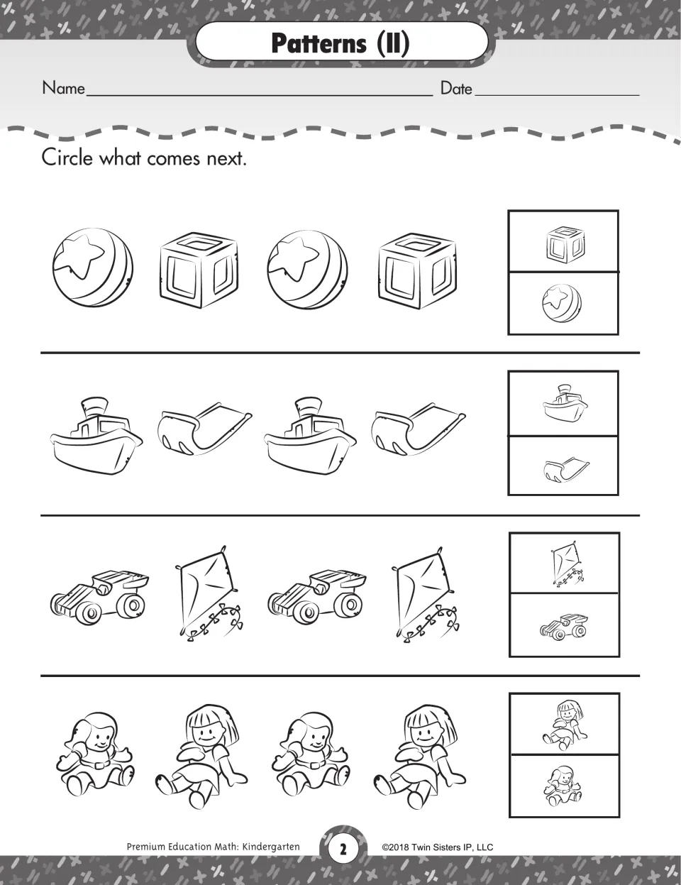 Patterns (II): students circle what comes next in toy patterns: ball and block, boat and sled, car and kite, two dolls