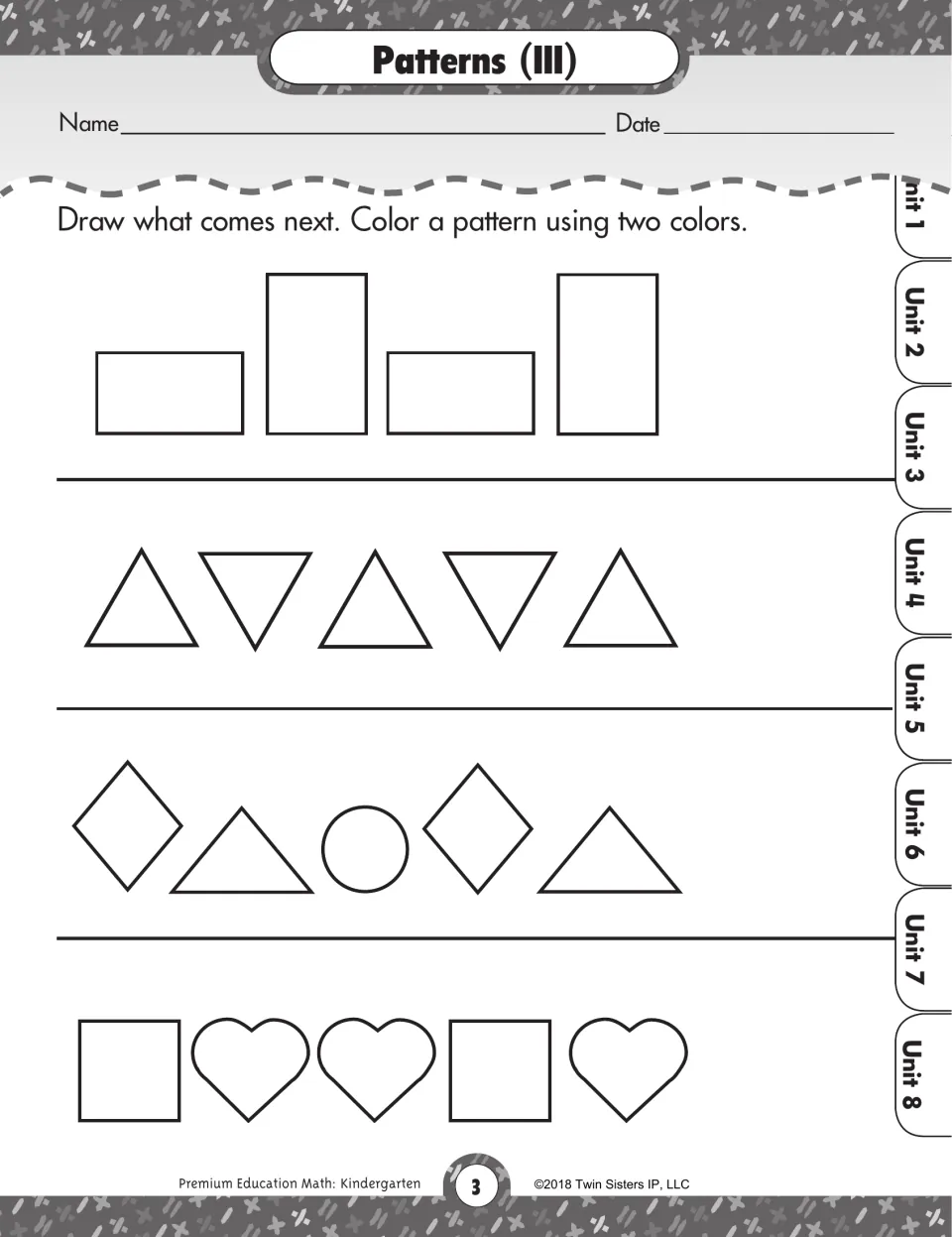 Patterns (III): students draw the next shape in rectangle, triangle, diamond and heart patterns, then color in two colors
