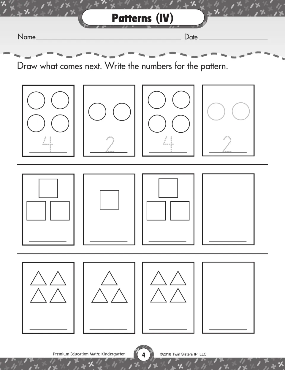 Patterns (IV): students draw what comes next and write the count, as in 4, 2, 4, 2, for circles, squares and triangles