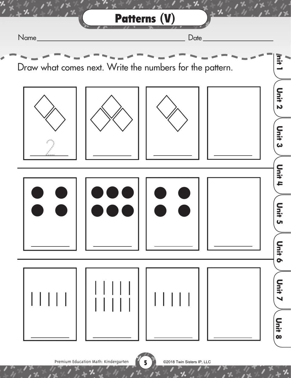 Patterns (V): students draw the next group of diamonds, dots or tally marks and write each count to finish the pattern