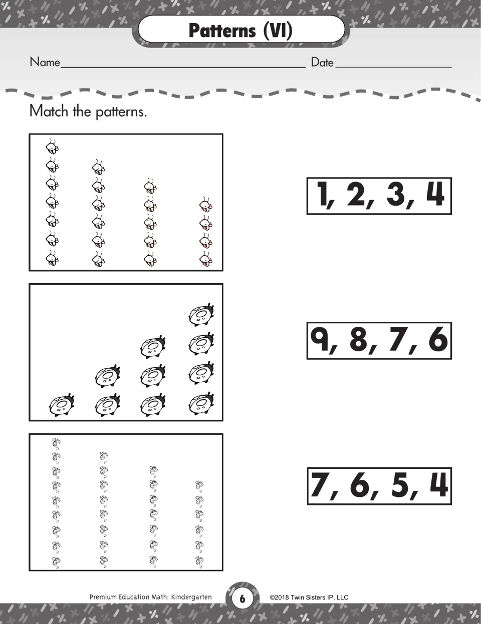 Patterns (VI): students match columns of bugs to the number patterns 1, 2, 3, 4; 9, 8, 7, 6; and 7, 6, 5, 4