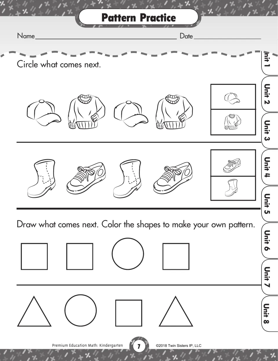 Pattern Practice: students circle the next hat, sweater or shoe, then draw the next shape and color their own pattern