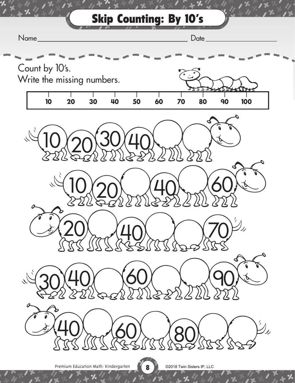Skip Counting: By 10's: students use a 10 to 100 number line to fill in the missing numbers on five caterpillars