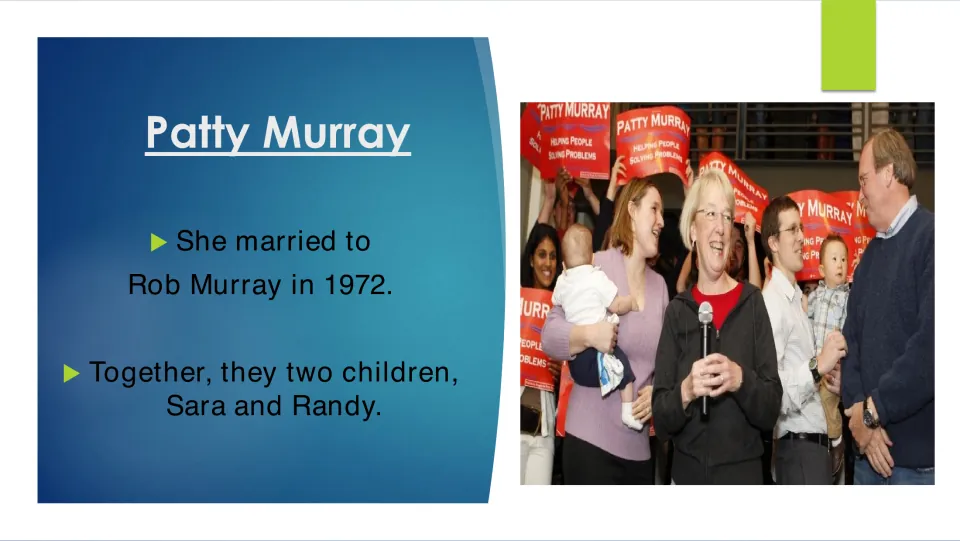 Family biography slide covering Patty Murray's marriage to Rob Murray in 1972 and children Sara and Randy