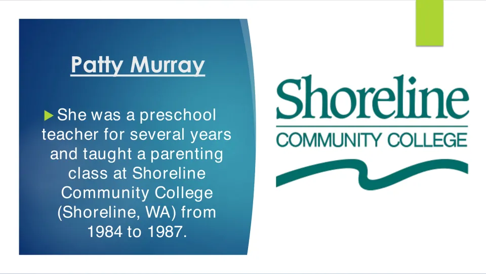 Teaching career slide covering preschool work and a parenting class at Shoreline Community College, 1984–1987