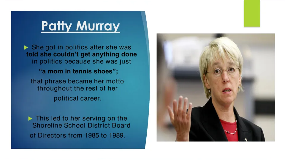 Political beginnings slide explaining Murray's 'a mom in tennis shoes' motto and school board service