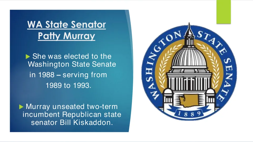 State Senate career slide covering Murray's 1988 election victory over Bill Kiskaddon and 1989–1993 service