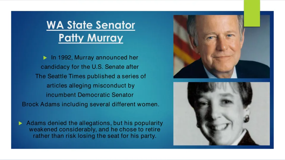 U.S. Senate campaign slide covering Murray's 1992 candidacy and allegations against incumbent Brock Adams