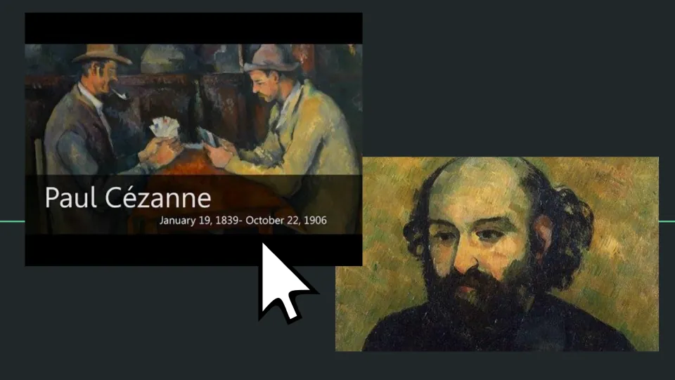 Artist introduction slide for the apple project, featuring a Paul Cézanne video thumbnail and portrait