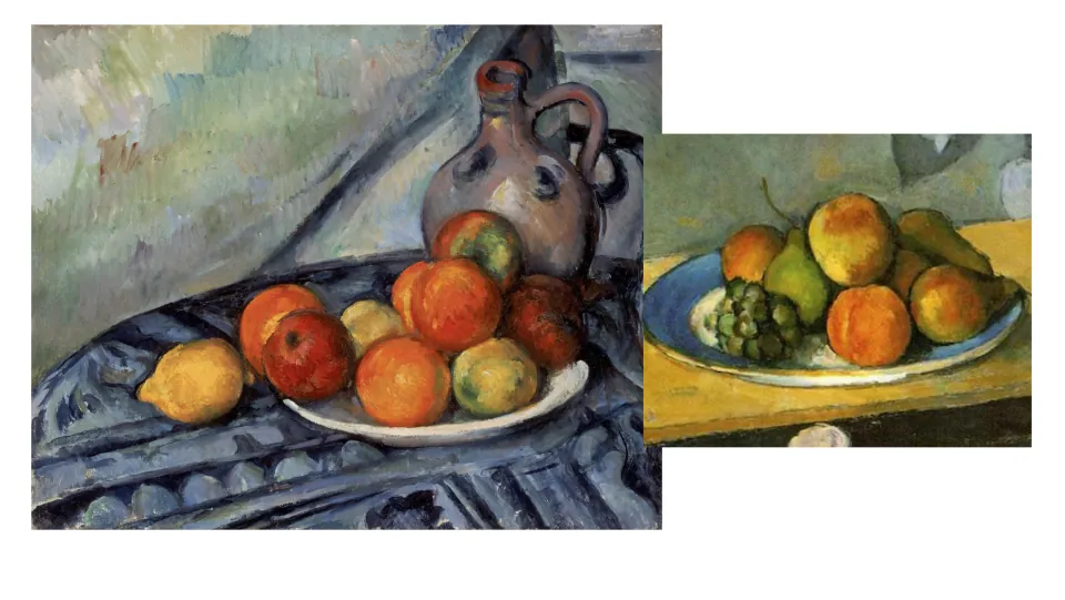 Art review slide showing two fruit still lifes, one with a pitcher and one with fruit piled on a plate